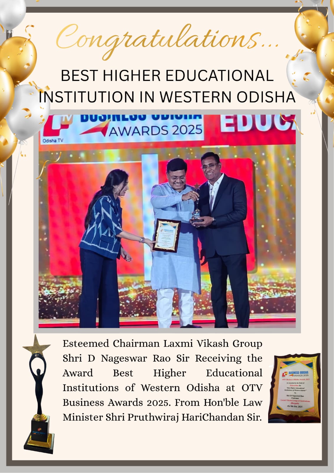 Award For Best Higher Educational Institutions of Western Odisha at OTV Business Awards 2025.